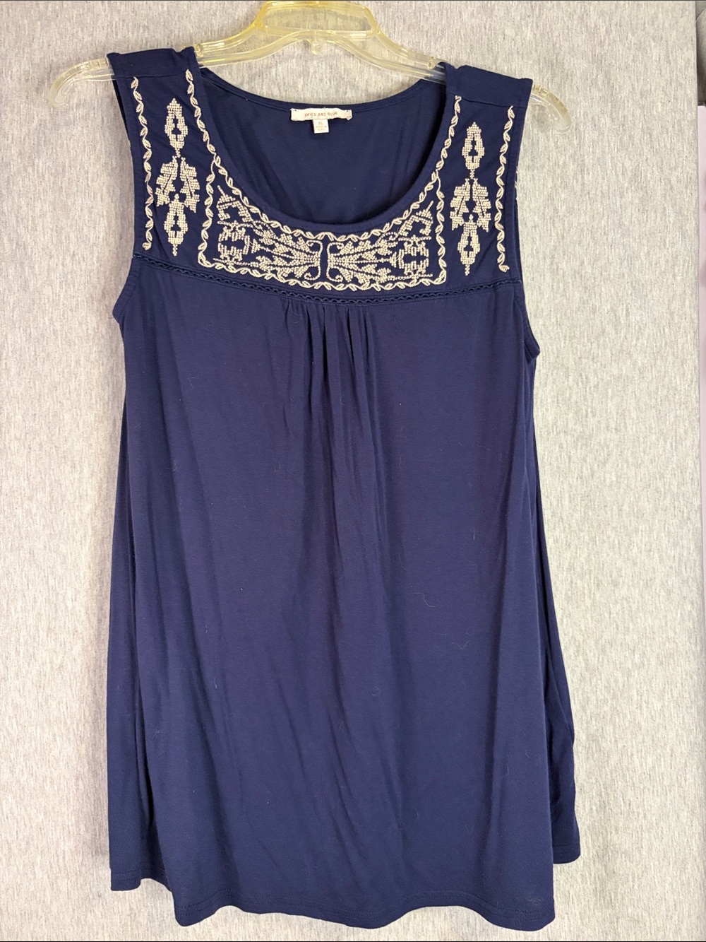 Skies Are Blue Navy Tank with Cream Embroidered Yoke